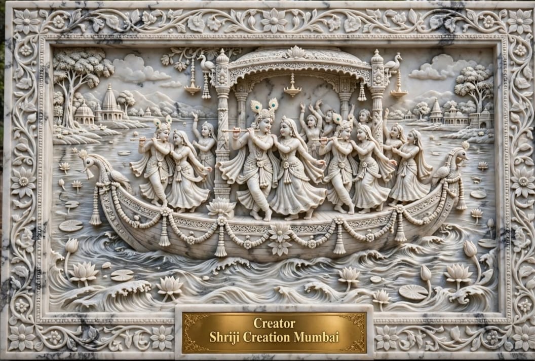Relief of multiple Radha and flute-playing Krishna pairs with companions on a canopied boat, with peacock-shaped ends, hanging garlands, lotus flowers and riverside temples.