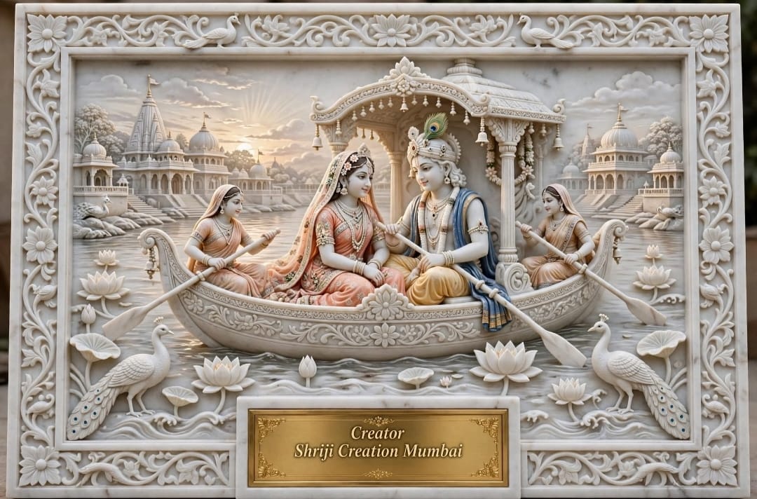 Framed relief of Radha and Krishna seated in a decorated boat on the Yamuna, with attendants, lotus flowers, peacocks and temples.