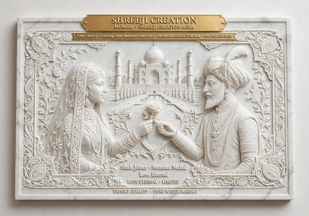 White relief of Shah Jahan and Mumtaz holding a flower between them, with the Taj Mahal and reflecting pool behind them and ornate floral borders.