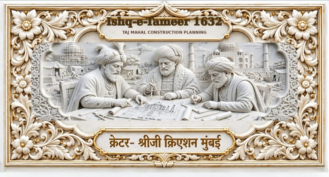 White and gold-toned relief of three figures working on architectural drawings with measuring tools; the Taj Mahal, scaffolding and a construction setting appear behind them within a floral frame.